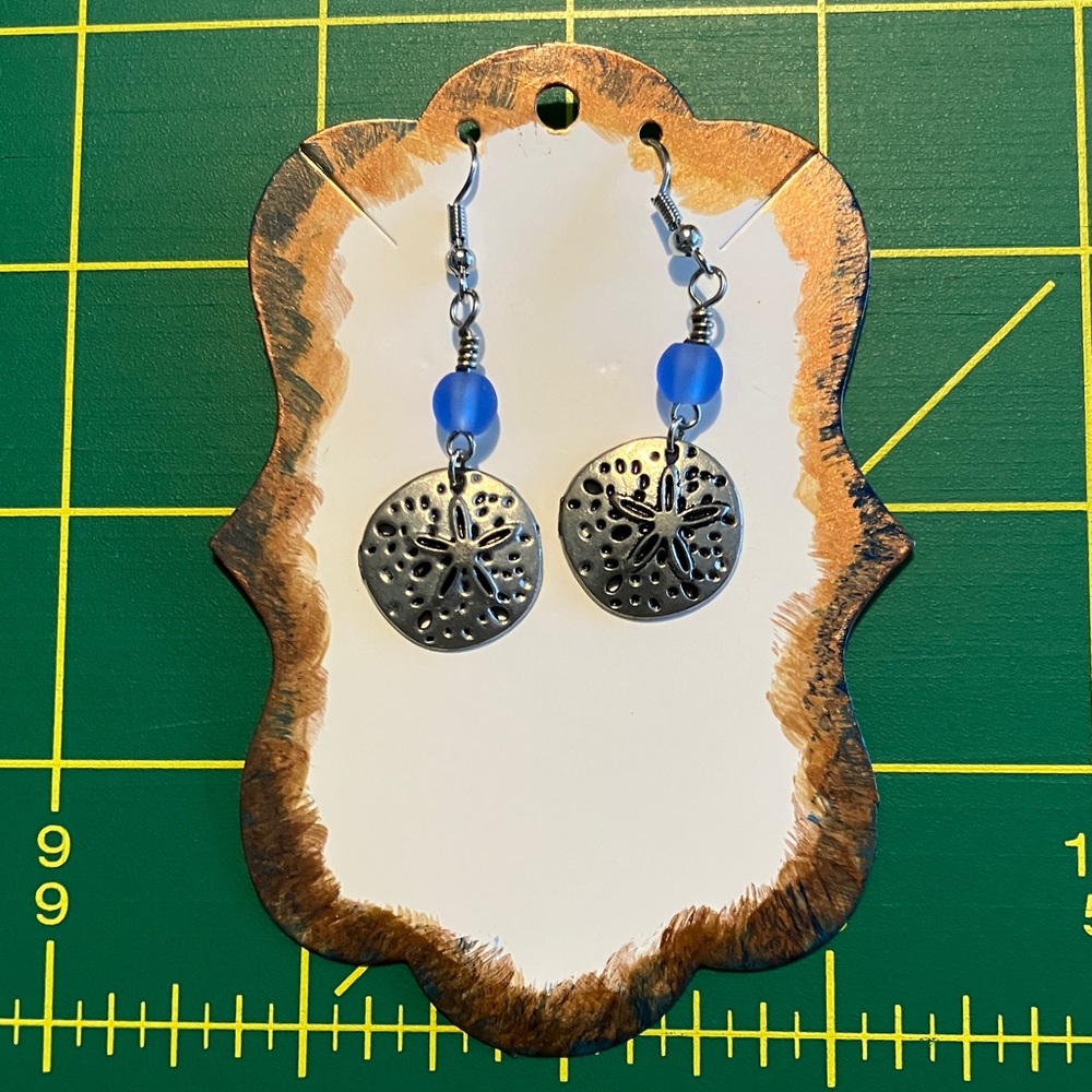 Sand Dollar Earrings with Blue Sea Glass Beads NWOT
